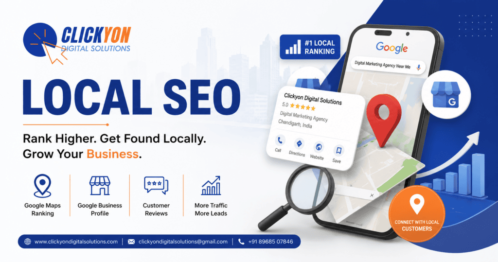 Clickyon Digital Solutions Local SEO banner promoting Google Maps Ranking, Google Business Profile optimization, customer reviews, and local lead generation for businesses.